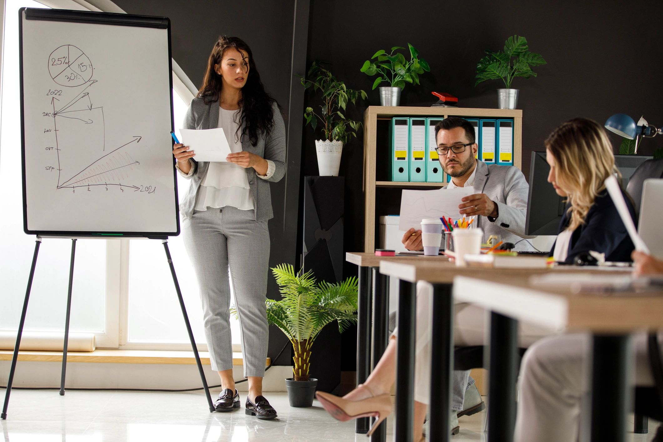 Marketing professional presenting growth data to colleagues