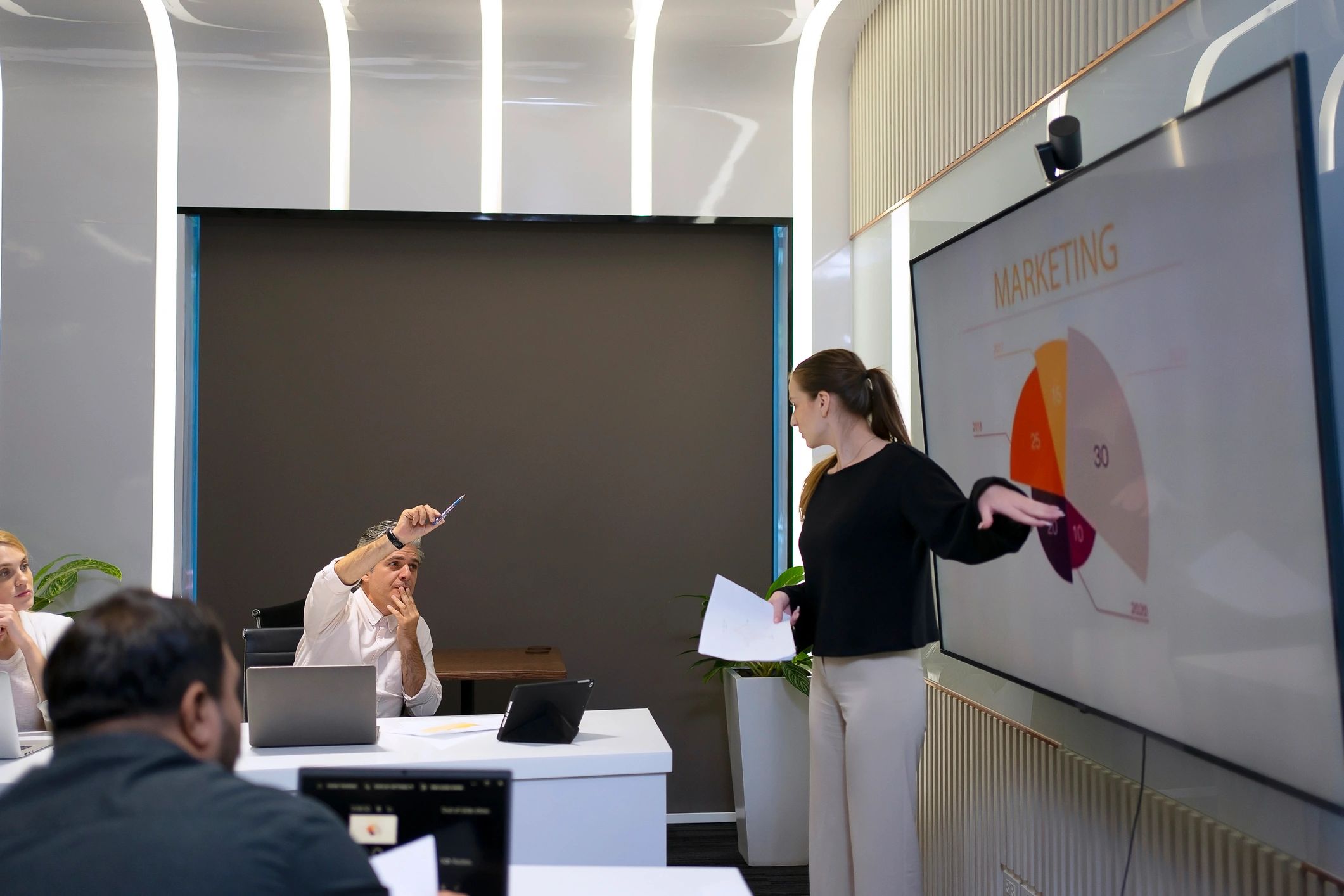Professionals collaborating during a marketing training session